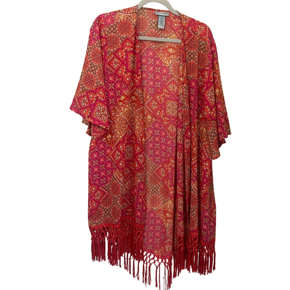 Catherines Size 2X Kimono Top Fringe Boho Geometric TIle Georgette Pink Orange